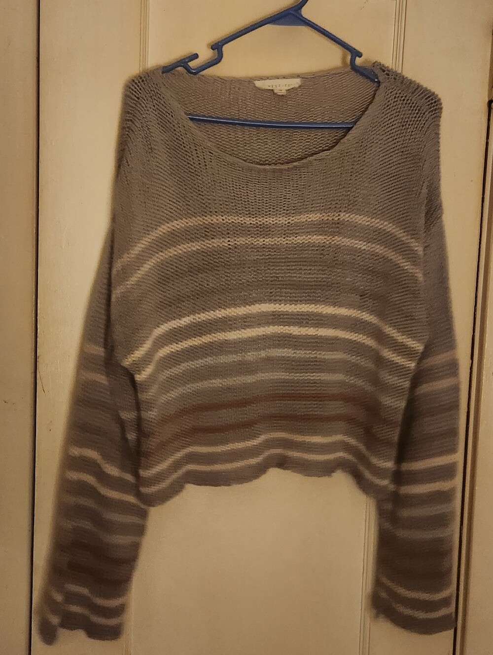 lovestitch Cropped Boatneck Sweater in Gray and Cream Stripes